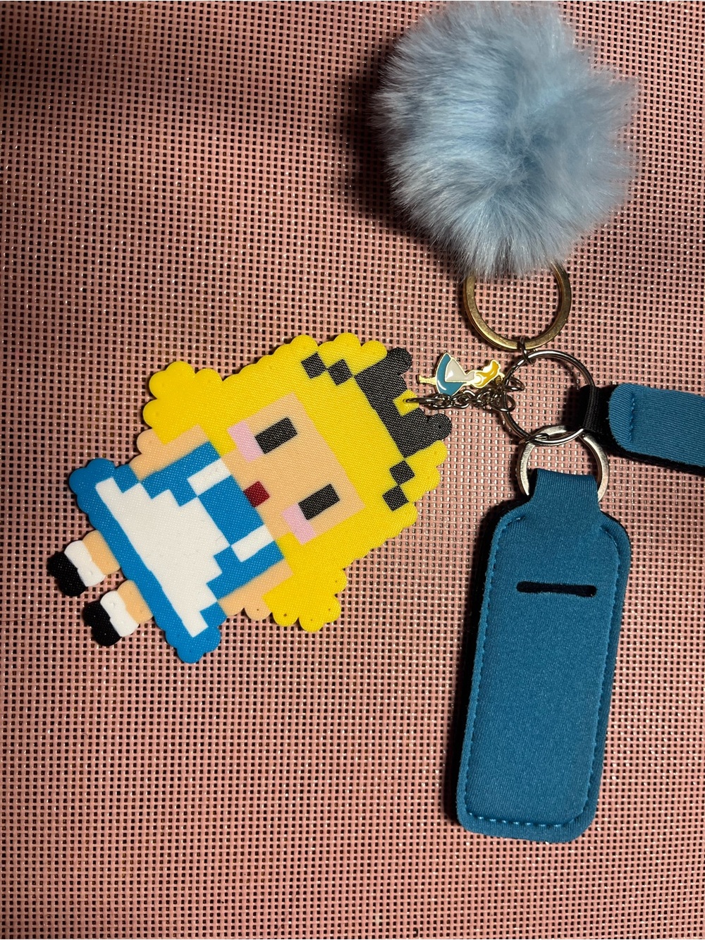 Blue Pom-Puff Keychain with Pixel Alice Charm - Kids Accessories